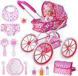 BABESIDE 10 Pcs Baby Doll Stroller Set with Feeding Doll Accessories, Baby Doll Stroller Toys for 12-16 Inches Dolls, Pretend Play Feeding Toy for Toddlers (Not Doll)