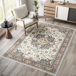 Dripex Washable Living Room Rug 120x170cm, Cream Vintage Rug for Living Room, Machine Washable Bedside Rug for Bedroom Non Slip Luxury Soft Bedroom Rug Traditional Rug for Living Room