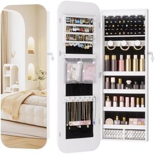 LVSOMT 6 LEDs Mirror Jewelry Cabinet Door Hanging, 42.5", Lockable, White