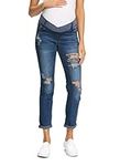 Foucome Women's Maternity Boyfriend Jeans Stretch Ripped Jeans with Pockets, 066# - Dark Blue, Large