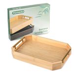 PARMEDU Natural Thickened Bamboo Serving Tray with Ergonomic and Aesthetic Metal Handles, Bamboo Tray for Serving Food, Breakfast, Tea, Coffee, Organizing and Decoration, Bamboo Color, Model ET002