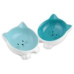 Navaris Cat Bowls with Ears - 2 Pack of Ceramic Cat Feeding Dishes with Anti Slip Silicone Feet - Blue Cat Shaped Food and Water Bowls Set