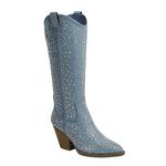 Forever Women Rhinestone Western Cowboy Pointed Toe Knee High Pull-on Boots, Blue Denim Rhinestone, 7