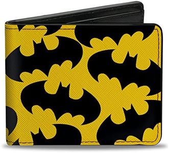 DC Comics Wallet, Bifold, Batman Bat Signal Scattered Yellow Black, Vegan Leather, Batman, 4.0" x 3.5"
