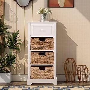 PHI VILLA Storage Cabinet with Baskets, Farmhouse Accent Cabinet Narrow Cabinet with Shelves for Bathroom Entryway Rattan Cabinet with Drawer End Table/Beside Table White