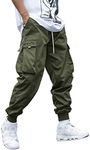 OYOANGLE Men's Casual Drawstring Elastic Waist Flap Pocket Letter Graphic Street Jogger Cargo Pants Army Green XL