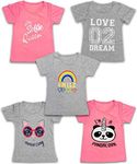 Girls 5-Pack Printed T-Shirts, Pink Grey Short Sleeve, Crew Neck. Unicorn, Panda, Selfie, Rainbow. Cute Designs (Combo A, 5/6)