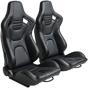 WTRAVEL Racing Seats 2 Pcs Reclinable Bucket Seats with 2 Sliders Adjustable PU Leather Seats Universal Sport Seats for Cars (Black, 36.6"×21.2"×21.6")