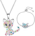 jagosen Girls Jewellery Set 2 PCS Cat Necklace Bracelet Set Sterling Silver Kids Crystal Cat Lovers Gifts for Women Girls Christmas Birthday Presents