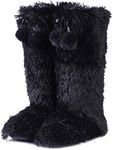 Home Slipper Indoor Boots Slippers,Women's Faux Fur Fuzzy Soft Lining Knee High Tall Slippers with Pom Poms House Slipper Shoes,US 11/12,Black
