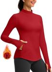 Thermal Shirts for Women Long Sleeve Mock Neck Fleece Tops Running Workout Cold Weather Gear with Zipper Pocket, Red, Large