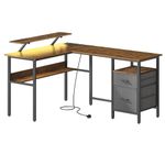 VASAGLE L-Shaped Desk with Power Outlets, Corner Desk, Computer Desk with Monitor Shelf, Gaming Desk with LED Lights, 2 Drawers, 2 USB Ports, Easy to Assemble, for Home Office, Rustic Brown LWD095K02