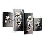 Wieco Art - Elegant Blooming Flowers 4 panels Modern 100% Hand Painted Floral Oil Paintings Artwork on Canvas Wall Art Set Ready to Hang for Living Room Bedroom Decor