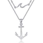 AXOMY Anchor Necklace 925 Sterling Silver Wave and Anchor Layered Necklaces for Women Nautical Jewelry Gift for Sailor, Sterling Silver, No Gemstone