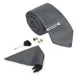 MUTAQINOTI Mens Grey Woven Premium Silk Necktie Suit Accessories Set With Pocket Square Cufflinks Brooch Tie Pin (TECP2)