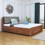 Sheeshamwallah Wooden King Size Bed with Box Storage for Bedroom, Grey Upholstered Cushioned Headboard, Sheesham Wood, Teak Finish, Mattress Size: 78 X 72