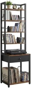 VIPLEEO CD Storage Rack, 6-Tier DVD Organizer Shelf with Drawer & Adjustable Book Stoppers, Vinyl Record Holder &Multi-Purpose Media Organizer, Ideal for Living Room/Home Office,15.7x11.8x64.3Inch