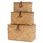 FEILANDUO Shelf Baskets with Lids Set of 3 Handwoven Small Boxes Seagrass Storage Mini Basket Desktop Makeup Organizer Multipurpose Container (Natural, S/M/L)