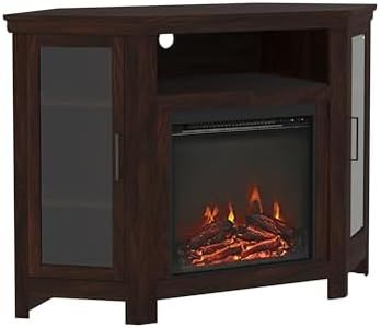 Walker Edison Alcott Classic Glass Door Fireplace Corner TV Stand for TVs up to 55 Inches, 48 Inch, Traditional Brown