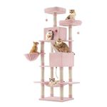 Feandrea Cat Tree, 206 cm Large Cat Tower Condo with 13 Scratching Posts, 2 Perches, 2 Caves, Basket, Hammock, Pompoms, Multi-Level Design, Jelly Pink UPCT190P01