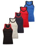 SOLO Men’s Cotton Gym Vest Sleeveless/Classic Stretchable Short Crew Undershirt (Black, Red, Royal Blue, Grey Melange, Navy, Small) - Pack of 5