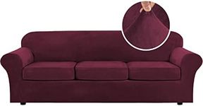 H.VERSAILTEX Velvet 4 Piece High Stretch Sofa Slipcover Sofa Cover Furniture Protector Form Fit Thick Velvet Extra Large Sofa Cover for 3 Cushion Couch Width Up to 105 Inch(XL Sofa, Wine/Burgundy)