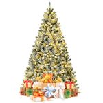 DORTALA Pre-lit Christmas Tree, 8 FT Snow Flocked Artificial Xmas Tree with 1502 Branch Tips, 650 LED Lights, Foldable Metal Stand, Green