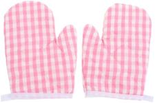 DOITOOL 2Pcs Kids Oven Mitts for Children Play Kitchen, Microwave Oven Gloves Kitchen Baking Mitts, Red Checkered Heat Resistant Kitchen Mitts for Safe Backing Cooking BBQ (Pink Checkered)