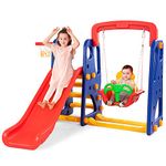 GYMAX Toddler Swing and Slide Set, 4-in-1 Children Climber and Swing Set with Basketball Hoop, Kids Play Area Playground Set for Indoor (Red+Dark Blue, 167x150x126cm)
