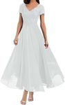 UMLXYER Tea Length Mother of The Bride Dresses V Neck Lace Appliques Chiffon Short Sleeve Formal Evening Dresses for Women, White, 12
