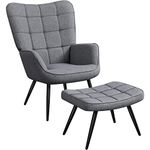 Yaheetech Armchair with ottoman Set, Modern Linen Fabric Accent chair with Footrest, Oversized Tub Chair with High Back and Metal Legs for Living Room Bedroom, Gray