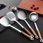 NAIDEV Set of 4 Pcs Kitchen Cooking Stainless Steel Utensils Set Wooden Handle Cooking Tools Gadgets Spatula Set Hook,Shovel,Slotted Turner,Slotted Skimmer,Ladle. (Set-4)