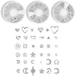 Silver Nail Charms 3D Nail Art Accessories Metal Nail Charms for Acrylic Nails, Hollow Heart Nail Charms 3D Nail Art Decoration with Nail Packaging Boxes(3 Boxes)，DIY Nail Stuff for Nail Techs