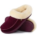 HomeTop Women's Moccasin Slip-on Slippers Soft Microsuede Clog Comfy Non-slip Memory Foam Indoor Outdoor House Shoes with Fuzzy Collar Wine Red, 9-10 US