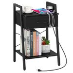 Black Night Stand with Drawers, Modern Side Table for Small Spaces, 2 Tier Small Bedside End Table with USB Ports and Outlets for Living Room, Bedroom, Office