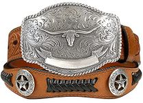 Belts.com Men's State Of Texas Longhorn And Star Western Embossed Leather Belt 46 Brown