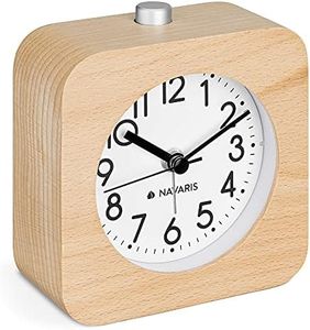 Navaris Analogue Wood Alarm Clock - Square Retro Table Clock Design with Snooze, Alarm, Backlight Functions - Light Brown Wood, White Face