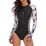 Durio Women's Long Sleeve Rash Guard One Piece Rashguard Swimsuit Bathing Suit for Women Modest Athletic Surf Swimwear 01 Black Floral Small