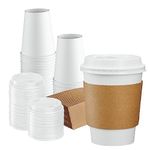 Comfy Package [50 Sets] 12 oz. Disposable White Coffee Cups with White Lids, Sleeves - to Go Paper Hot Cups