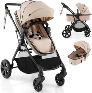 BABY JOY High Landscape Baby Stroller, 2 in 1 Convertible Baby Pram Jogger with Adjustable Canopy & Backrest, Anti-Shock Toddler Folding Pushchair with Storage Basket & Aluminium Frame, Portable Baby Prams and Strollers for 6-36 Months (Beige)