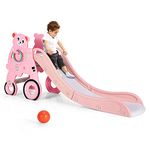 BABY JOY Toddler Slide, Folding Kids Play Slide with Extra Long Slipping Slope, Basketball Hoop, Ring Toss and Ball, Slides for Kids 3-5 Backyard Playground Gifts Indoor Outdoor Use (Pink Bear Bike)