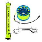 Seafard 4ft Yellow Scuba Diving Open Bottom Surface Marker Buoy (SMB) with 49ft Finger Spool Alloy Dive Reel and Double Ended Bolt Clip - Blue