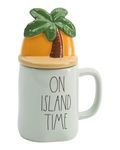 Rae Dunn Coffee Mugs with Decorative ceramic Lids, On Island Time/Palm Tree/Light Sage