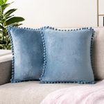 PAVILIA Dusty Blue Throw Pillow Covers Pom Pom 18x18 Set of 2, Decorative Pillow Cases Bed Sofa Couch, Boho Accent Decor Cushion Bedroom Living Room, Velvet Square Euro Sham Pompoms, Light Slate Blue