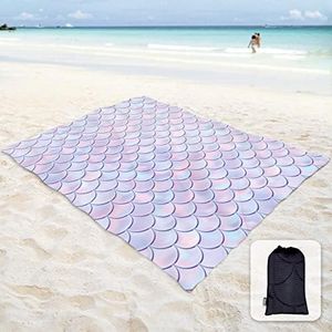 Sunlit Silky Soft 106"x81" Sand Proof Beach Blanket Sand Proof Mat with Corner Pockets and Mesh Bag for Beach Party, Travel, Camping and Outdoor Music Festival, Purple Mermaid Scale