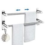 garini Stretchable Towel Rack, SUS304 Stainless Steel Towel Holder Adhesive Towel Barwith 2 Bars Hooks for Bathroom Kitchen Wall Mount, Silver