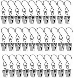 30 Pcs Heavy Duty Stainless Steel Metal Clips with Hooks, Hanging Party Lights Clips Curtain Clip for Curtain, Photos, Art Craft Home Decoration Outdoor Activities Supplies (Silver)