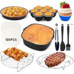 Square Air Fryer Accessories Set of 10, Fit for COSORI 5.8QT 6.8QT, Instant Vortex Plus 6QT & Other 5.8 to 8QT Air Fryers, Including Cake Pizza Pan, Rack & Skewer, Egg Bite Mold, 100 Paper Liner