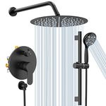 Shower System, SR SUN RISE 3-Function Round Shower Faucet with Adjustable Shower Slide Bar and 6-Setting Handheld Shower Head, 12 Inch Wall Mounted Shower Set with Valve for Bathroom, Matte Black