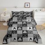 Ice Hockey Comforter Sets for Boys girls Twin Black White Grey Winter Sports Games Down Comforter Kids Teen Room Decor,Player Bedding Set Geometric Checkered Stripes Quilt Duvet 1 Pillow Case